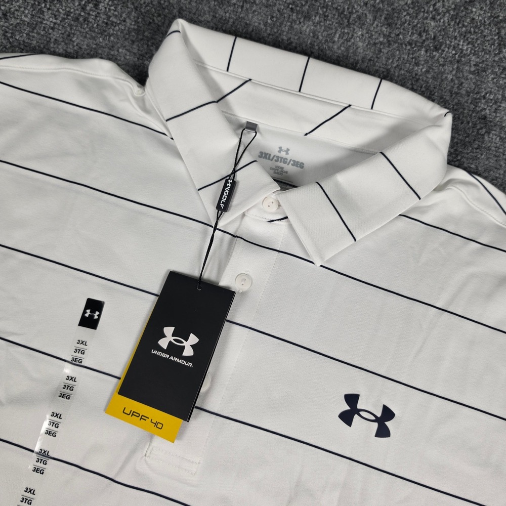 Under Armour Playoff 3.0 Stripe Polo Mens 3XL White Navy UPF 40 Golf Shirt NWT